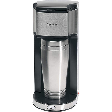 Capresso 425 On-the-Go cafetera portátil en plata y negro, ideal para café rápido en viajes.