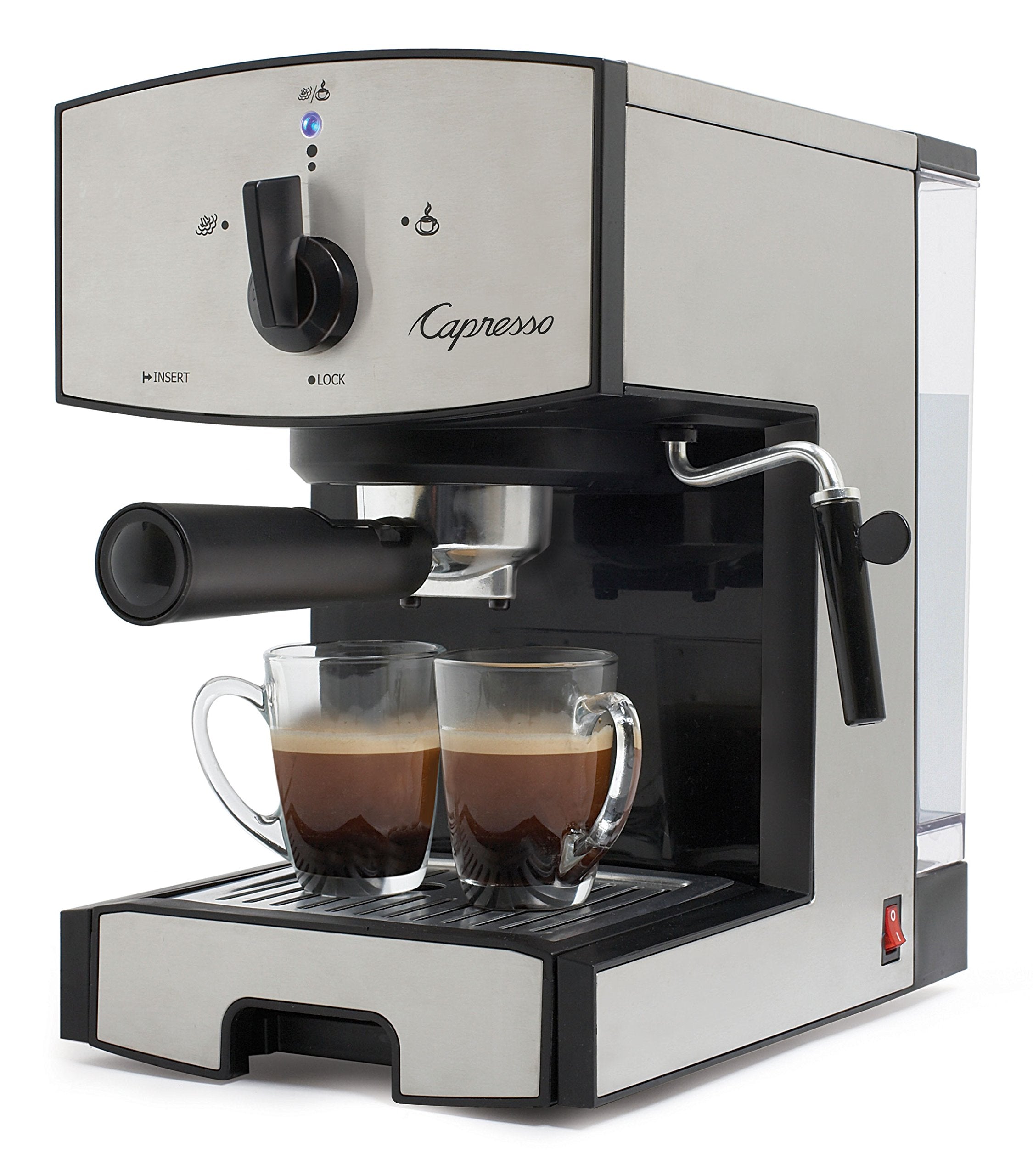 Capresso EC50, vista frontal, diseño resistente en acero inoxidable para uso diario.