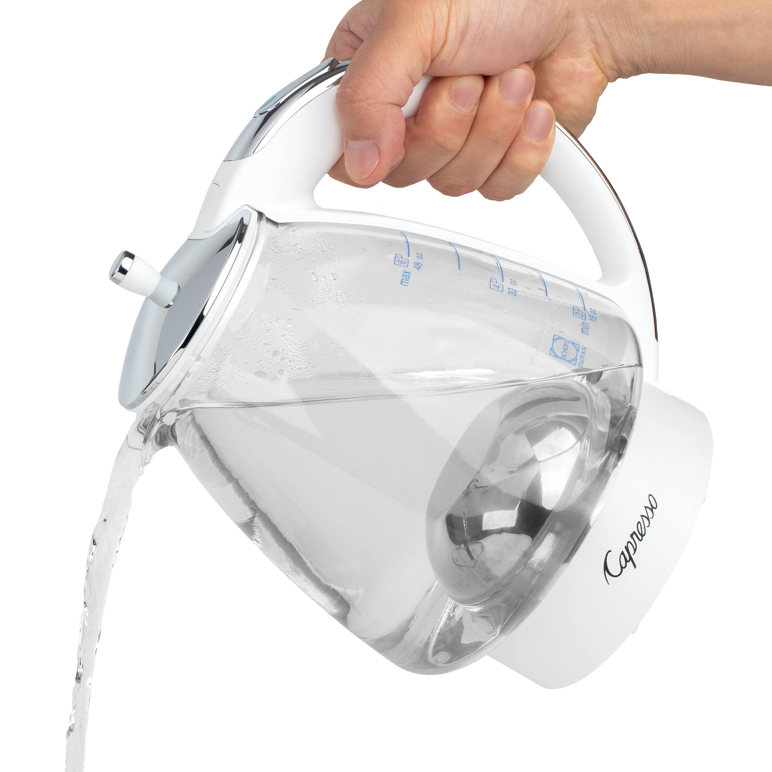 Capresso H2O Glass con marcas de onzas y tazas para medir fácilmente.