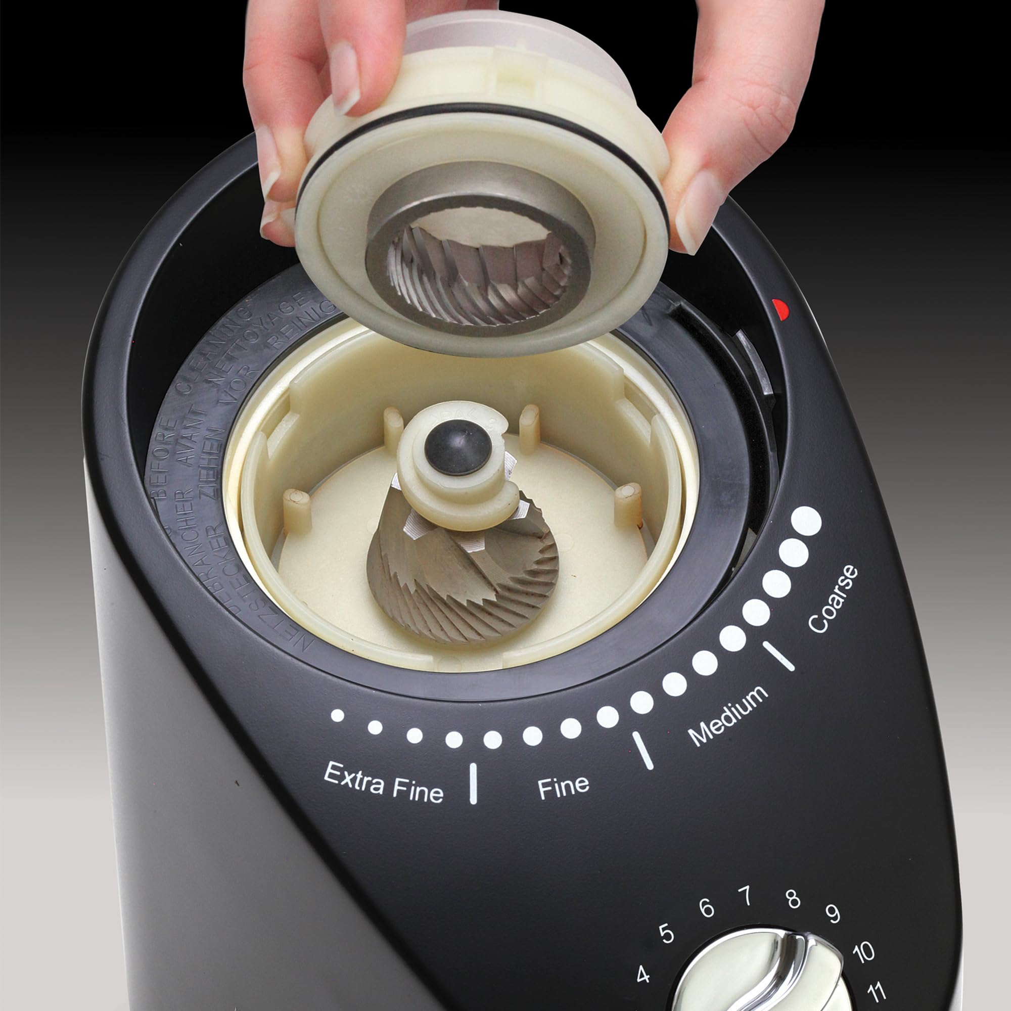 Capresso Infinity Plus, limpieza-removible-muelas, limpieza rápida y mantenimiento sencillo.