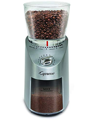 Capresso Infinity Plus muestra el motor de reducción de velocidad para preservar aroma.