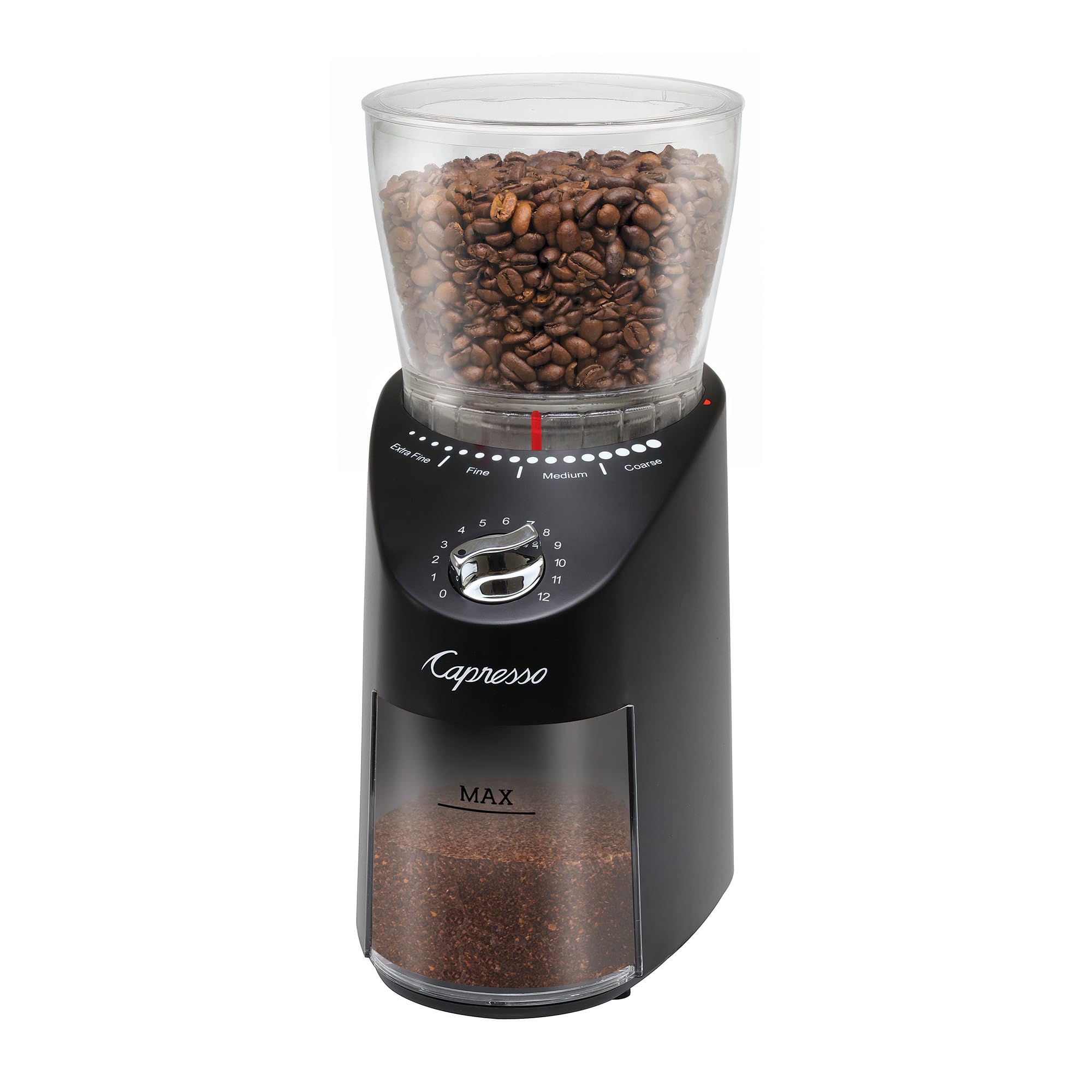 Capresso Infinity Plus, muelas cónicas negras, molienda precisa para espresso y filtros en casa.