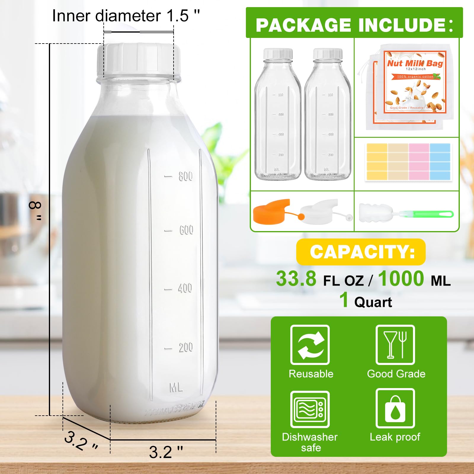 CARBLIN botellas vidrio 32oz con escala, lectura precisa de porciones
