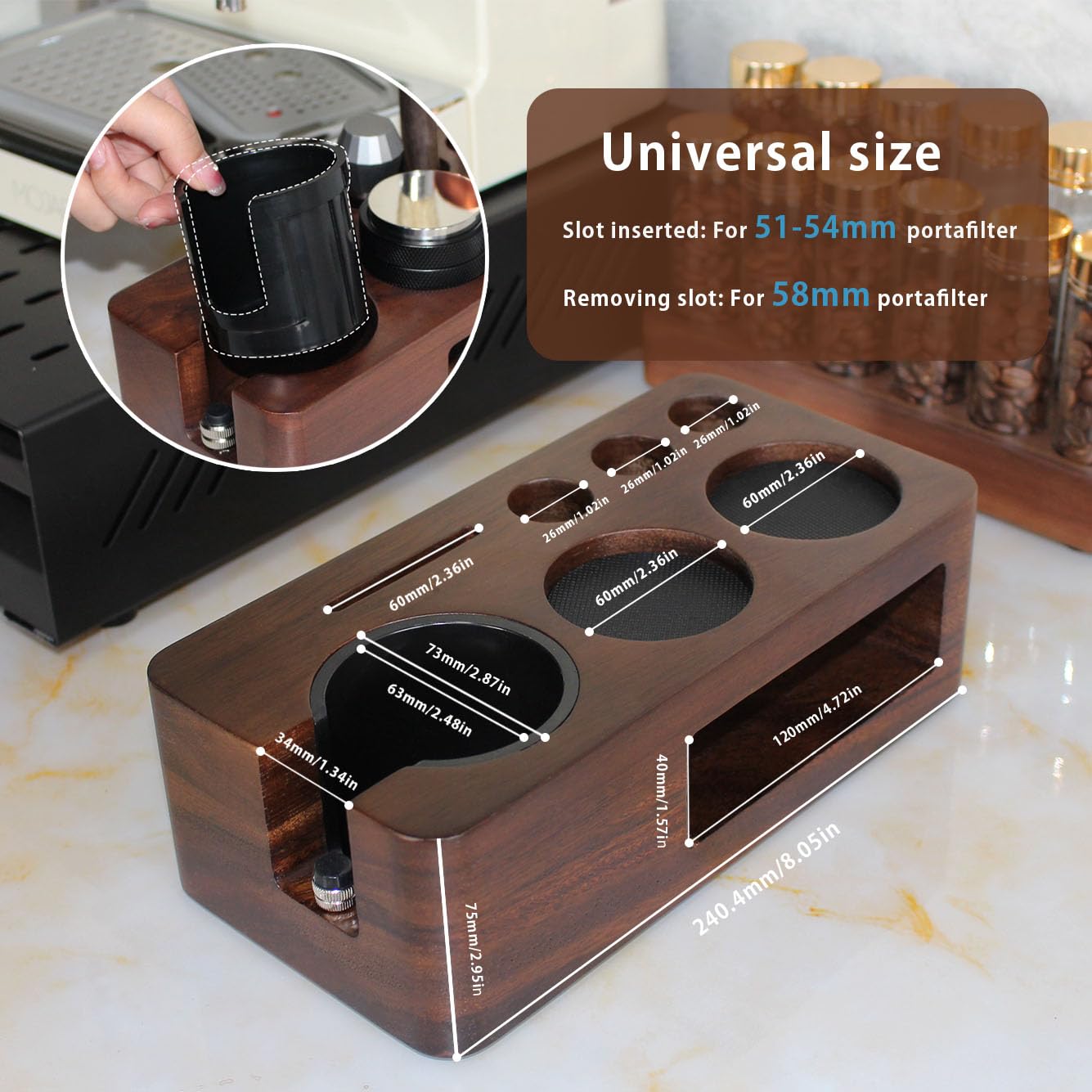 Carfeel estación espresso con almacenamiento lateral para accesorios prácticos.