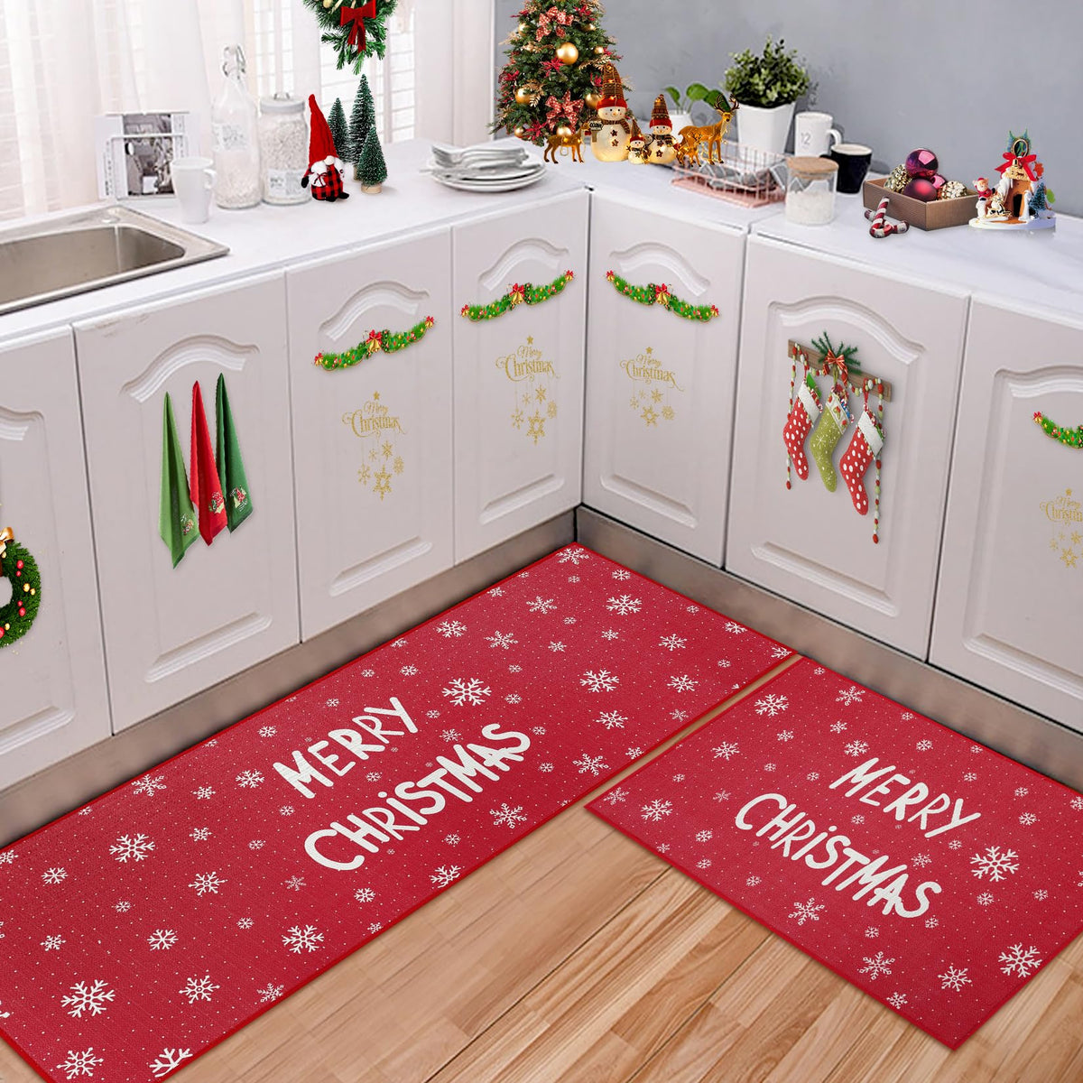 CAROMIO alfombra navidad cocina con patrón de nieve, ideal para cocina o entrada.