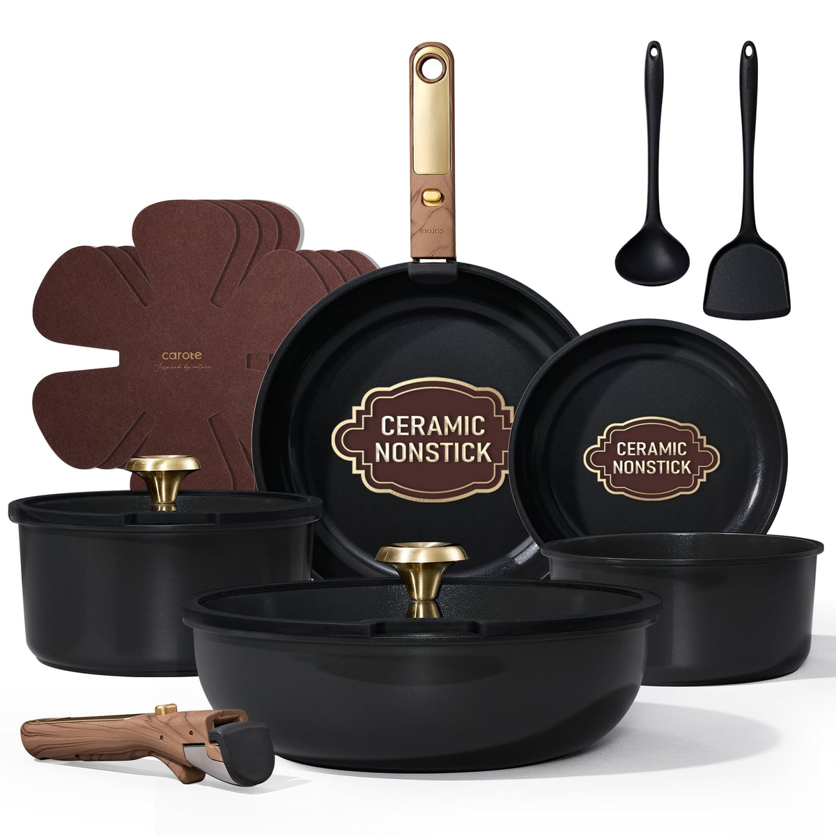 CAROTE set cerámico antiadherente de 15 piezas para cocinar con menos aceite.