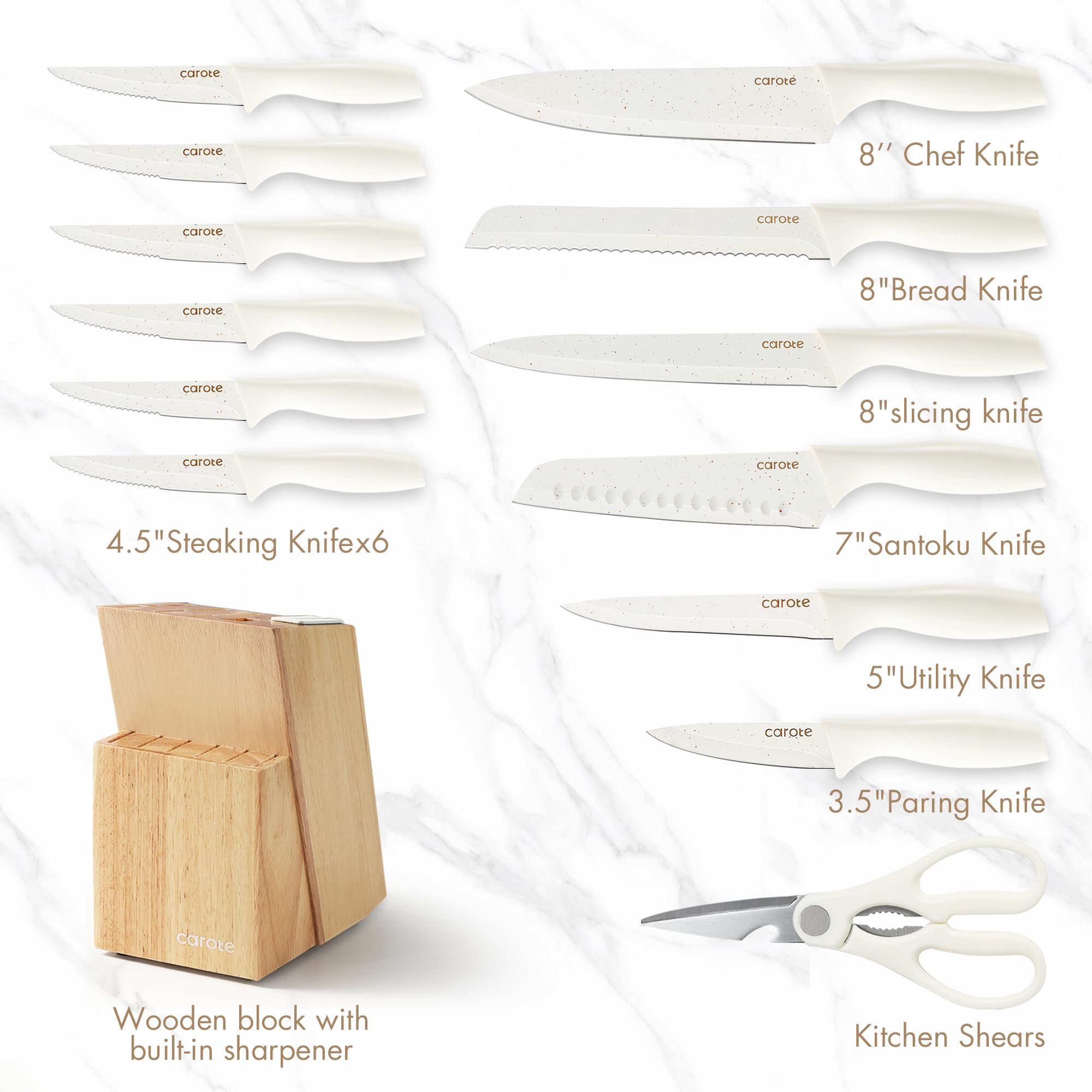 CAROTE cuchillos blancos cerámicos para cocina elegante y fácil limpieza