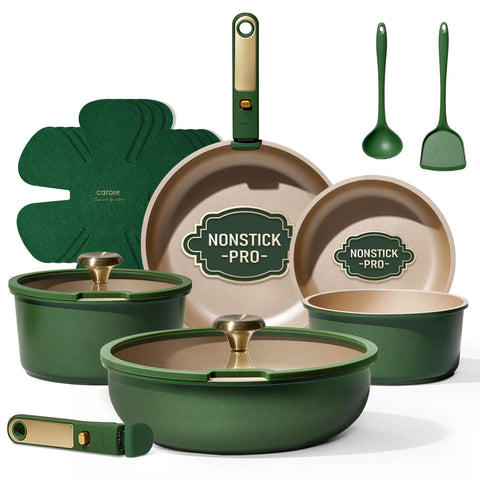 CAROTE Green&Gold set de cocina 15 piezas, ideal para cocinar de forma estable y eficiente.