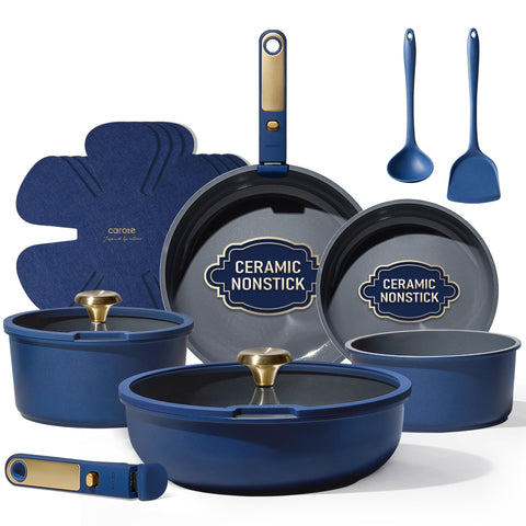 CAROTE conjunto cerámico azul dorado visto frontal para cocina ordenada