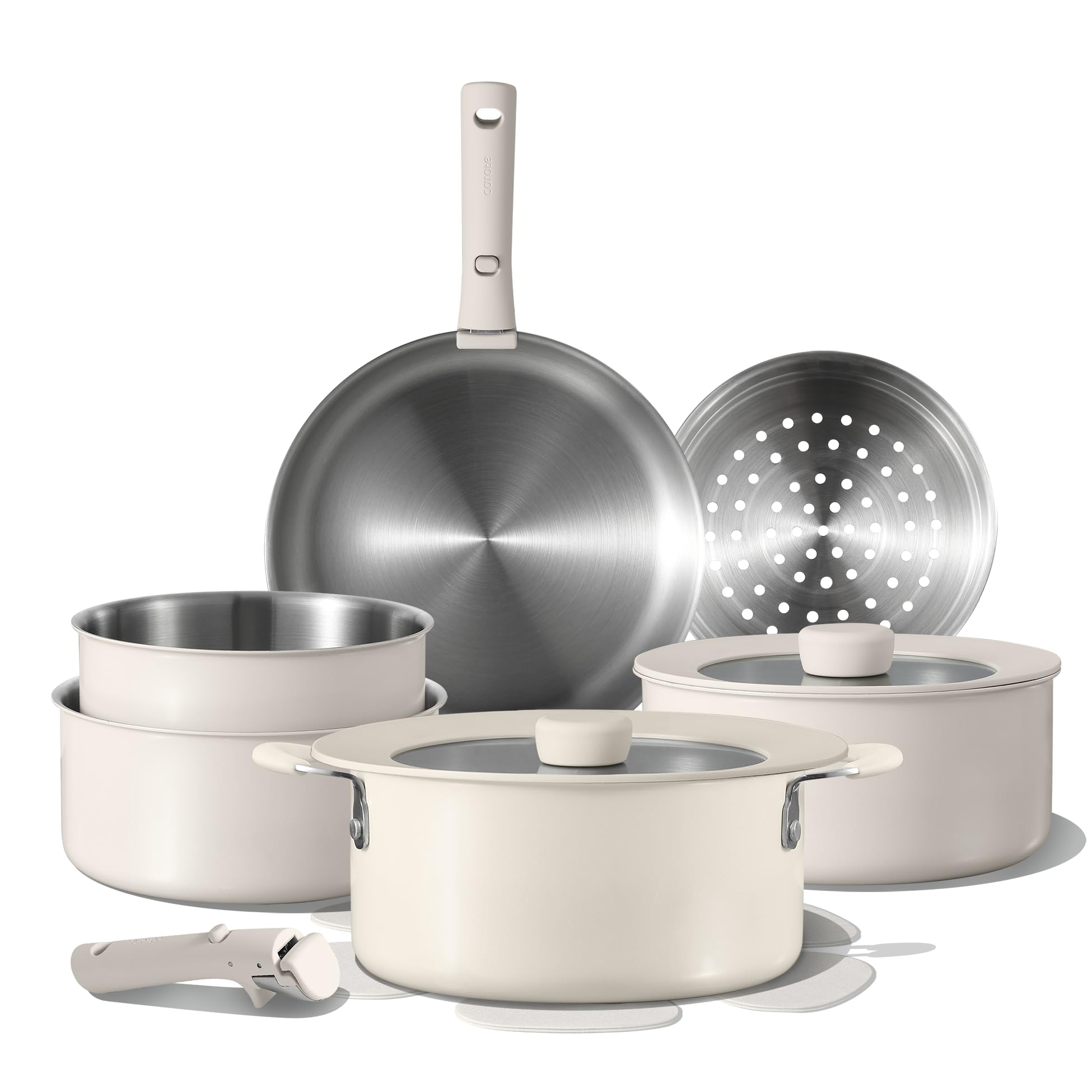 CAROTE juego de ollas y sartenes 14 piezas con mango desmontable para almacenamiento compacto.