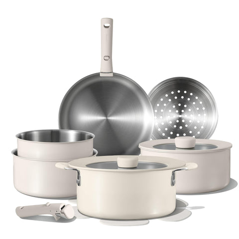 CAROTE juego de ollas y sartenes 14 piezas con mango desmontable para almacenamiento compacto.