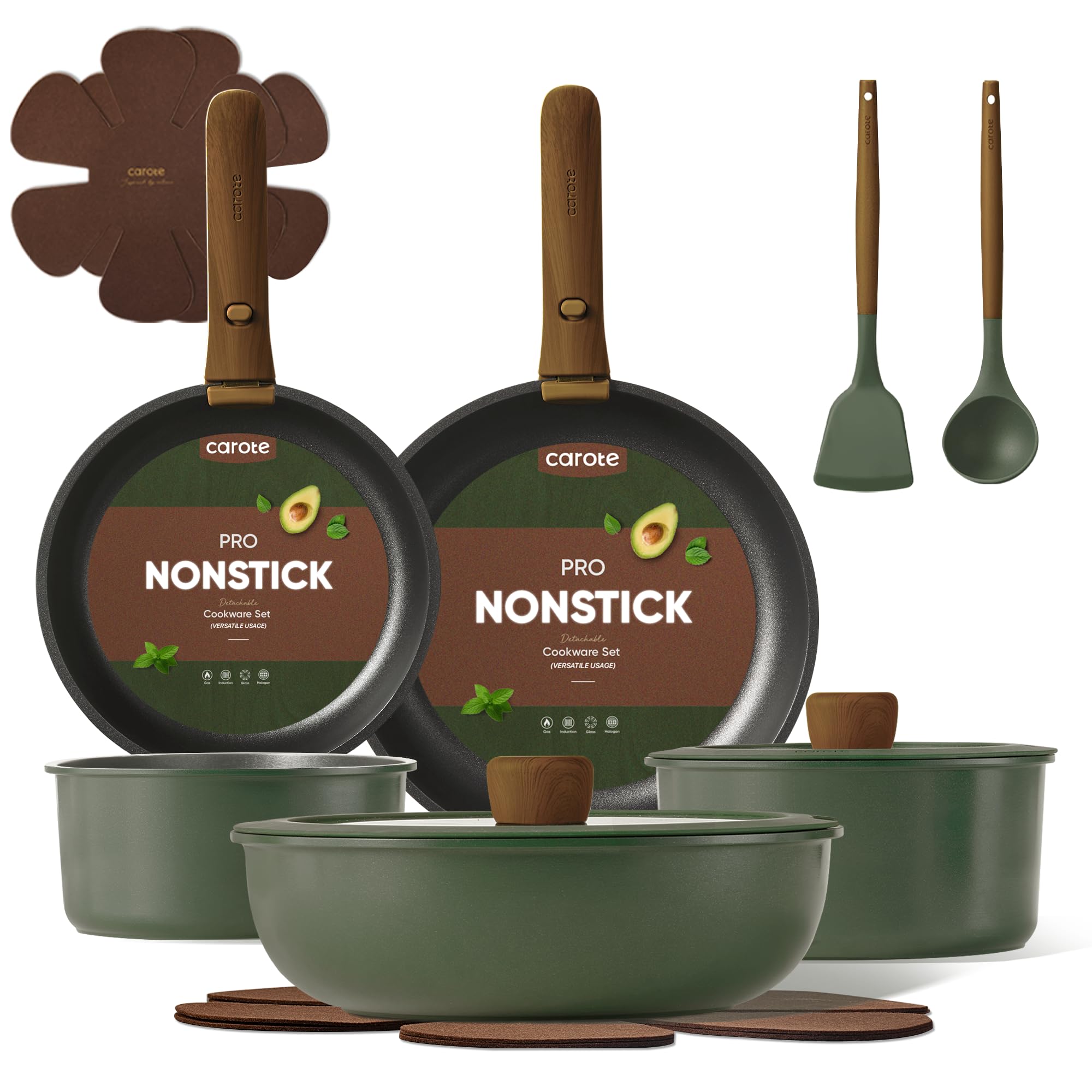 CAROTE juego de sartenes 15 piezas con mango desmontable para almacenamiento compacto.