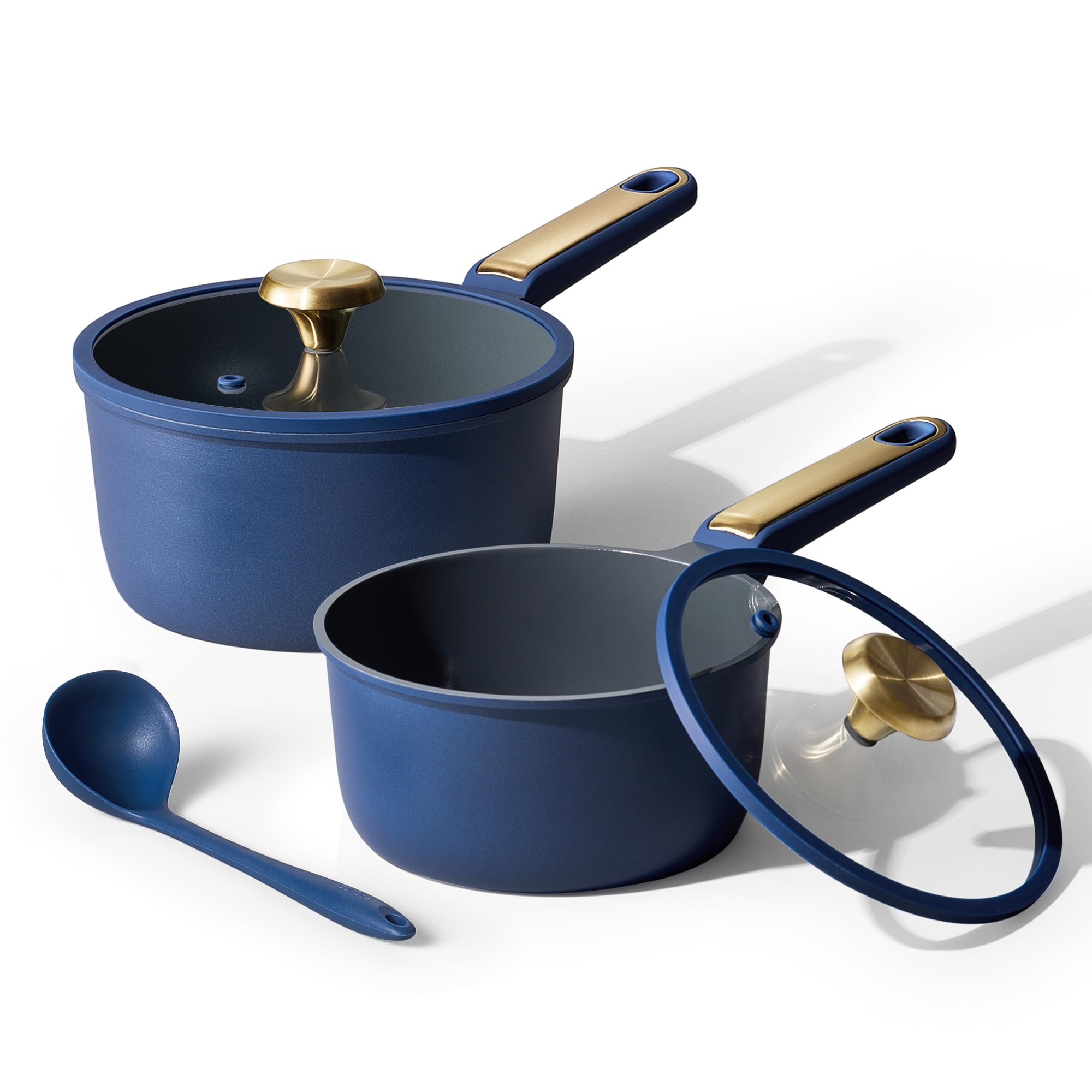 Sartenes CAROTE 2qt y 2.5qt en azul con tapa para cocción uniforme.