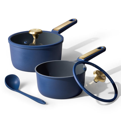 Sartenes CAROTE 2qt y 2.5qt en azul con tapa para cocción uniforme.