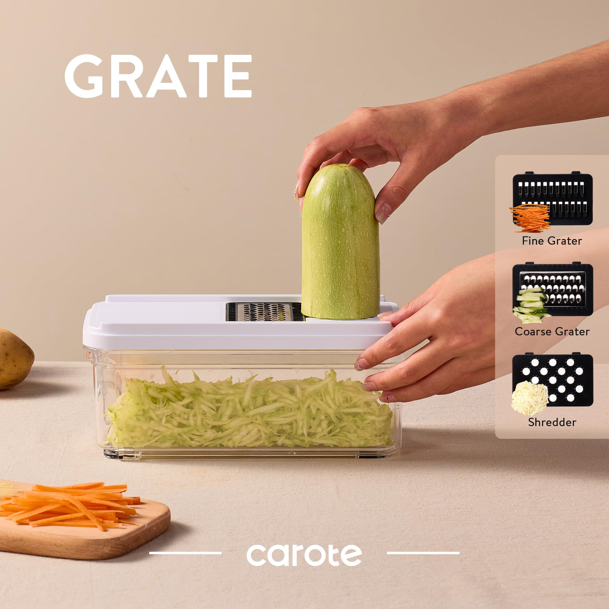 CAROTE Mandolina: contenedor deslizante para transferir ingredientes sin derrames.