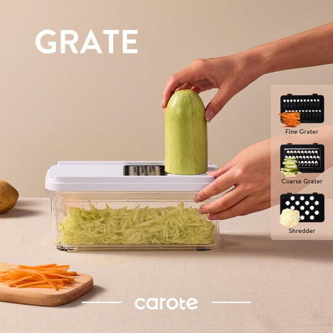 CAROTE Mandolina: contenedor deslizante para transferir ingredientes sin derrames.