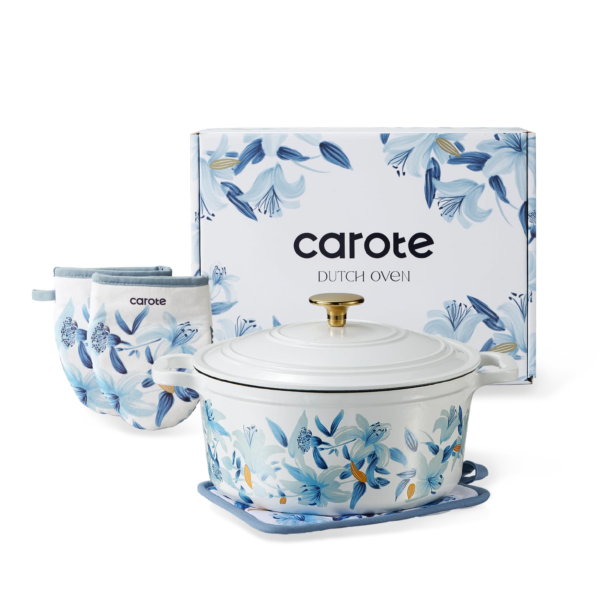 Olla CAROTE esmaltada con diseño floral y tapa, excelente para sellar sabores.
