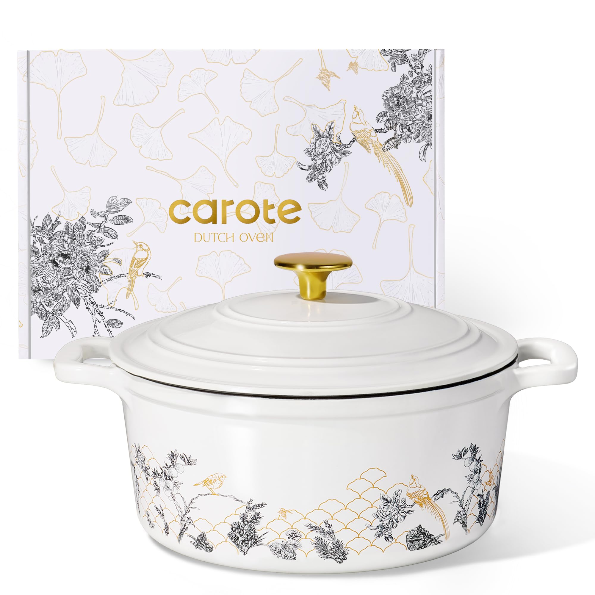 CAROTE olla esmaltada 5qt con tapa floral, ideal para guisos aromáticos.