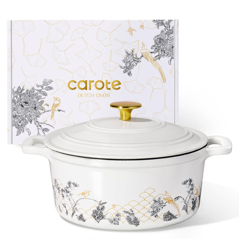 CAROTE olla esmaltada 5qt con tapa floral, ideal para guisos aromáticos.