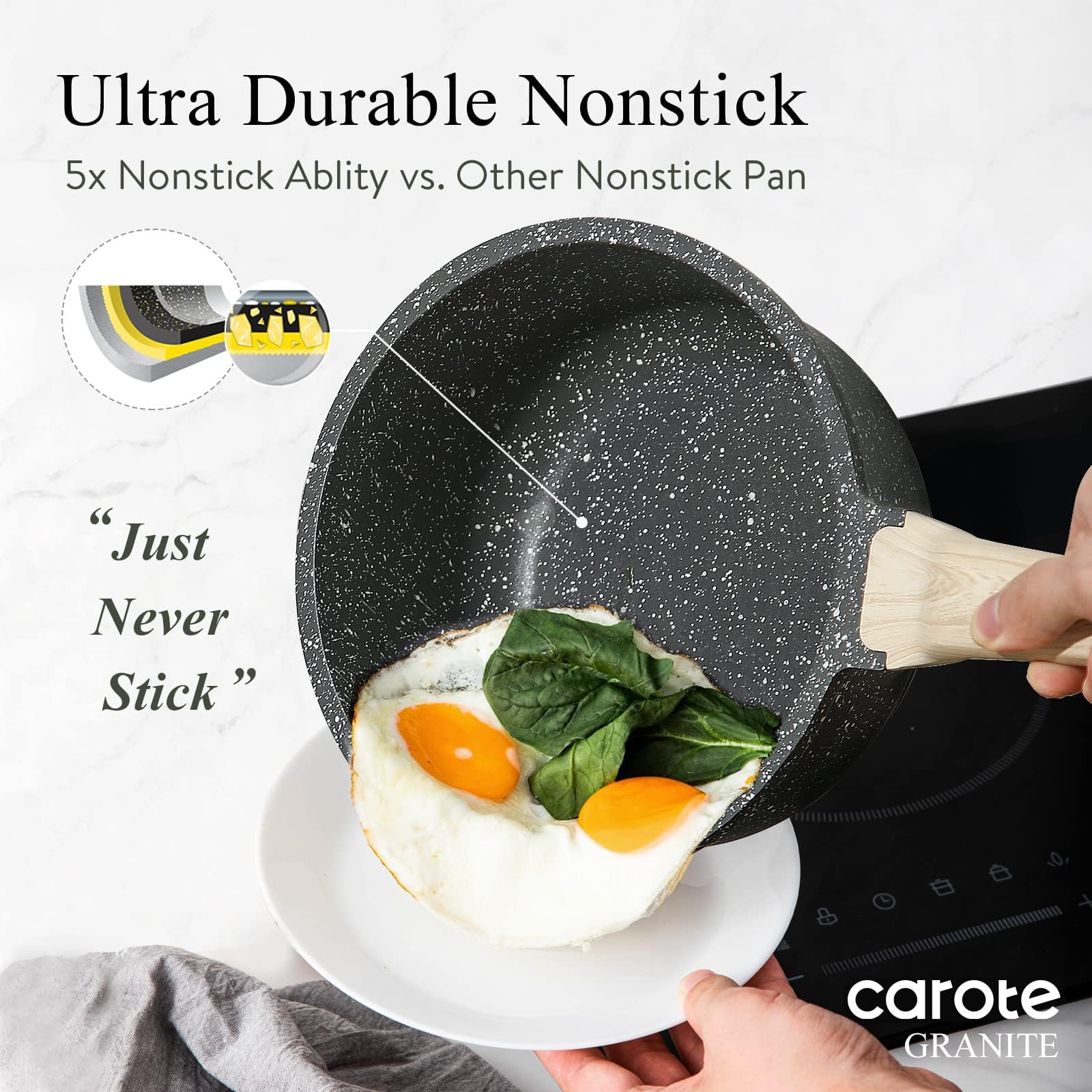 CAROTE sartén 3.0qt antiadherente, cocina más limpia con menos aceite