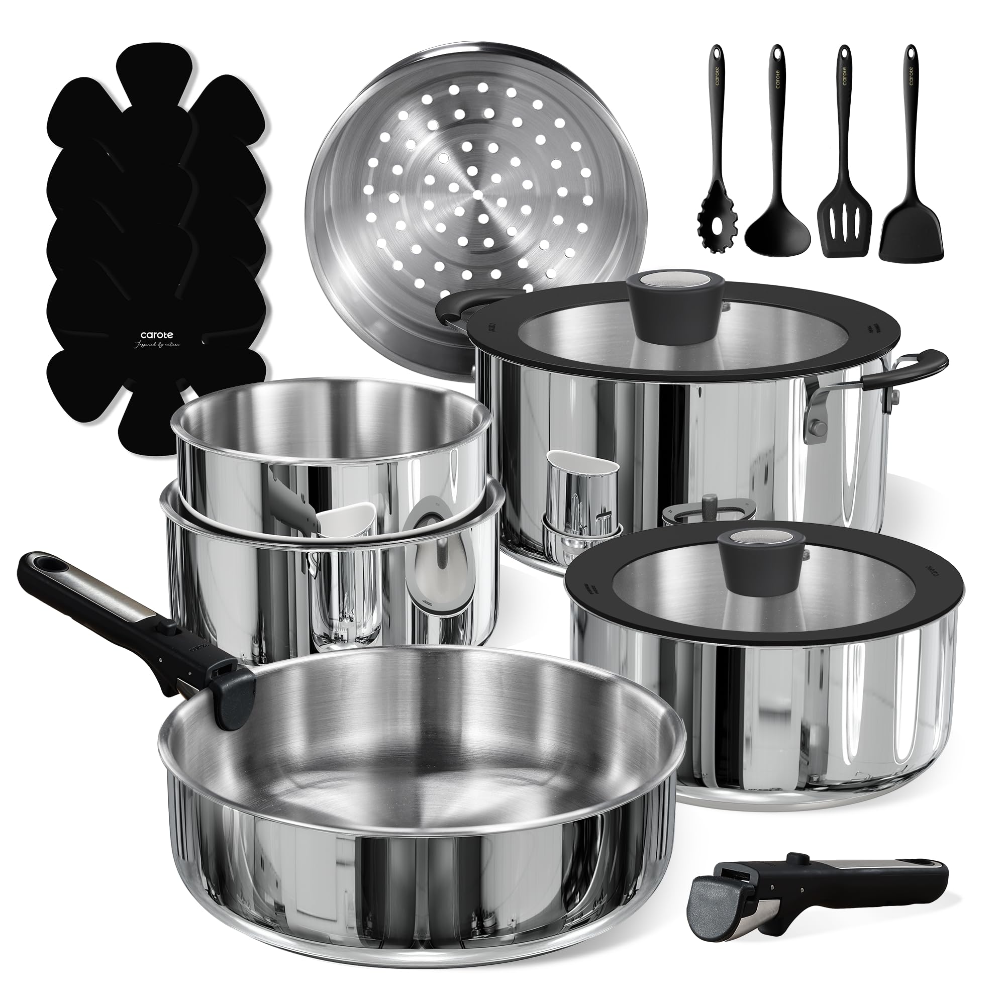 CAROTE set de 18 piezas en acero inoxidable con mango desmontable para ahorro de espacio.