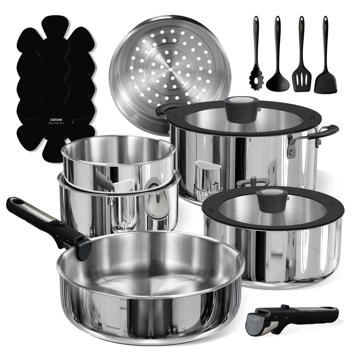 CAROTE set de 18 piezas en acero inoxidable con mango desmontable para ahorro de espacio.
