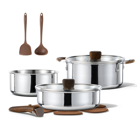 CAROTE set de cocina de 10 piezas con mangos desmontables para almacenamiento compacto.