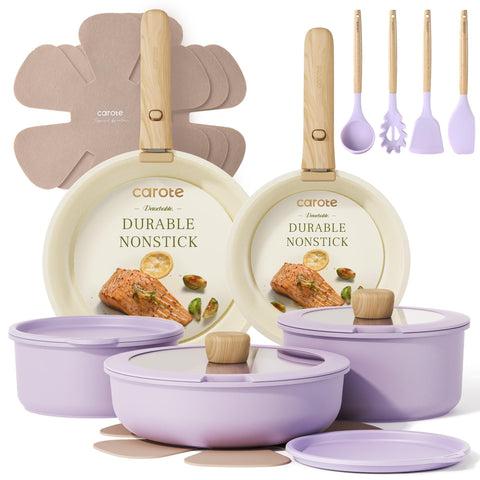 Conjunto CAROTE de ollas y sartenes 19 piezas con mango desmontable para almacenamiento compacto.