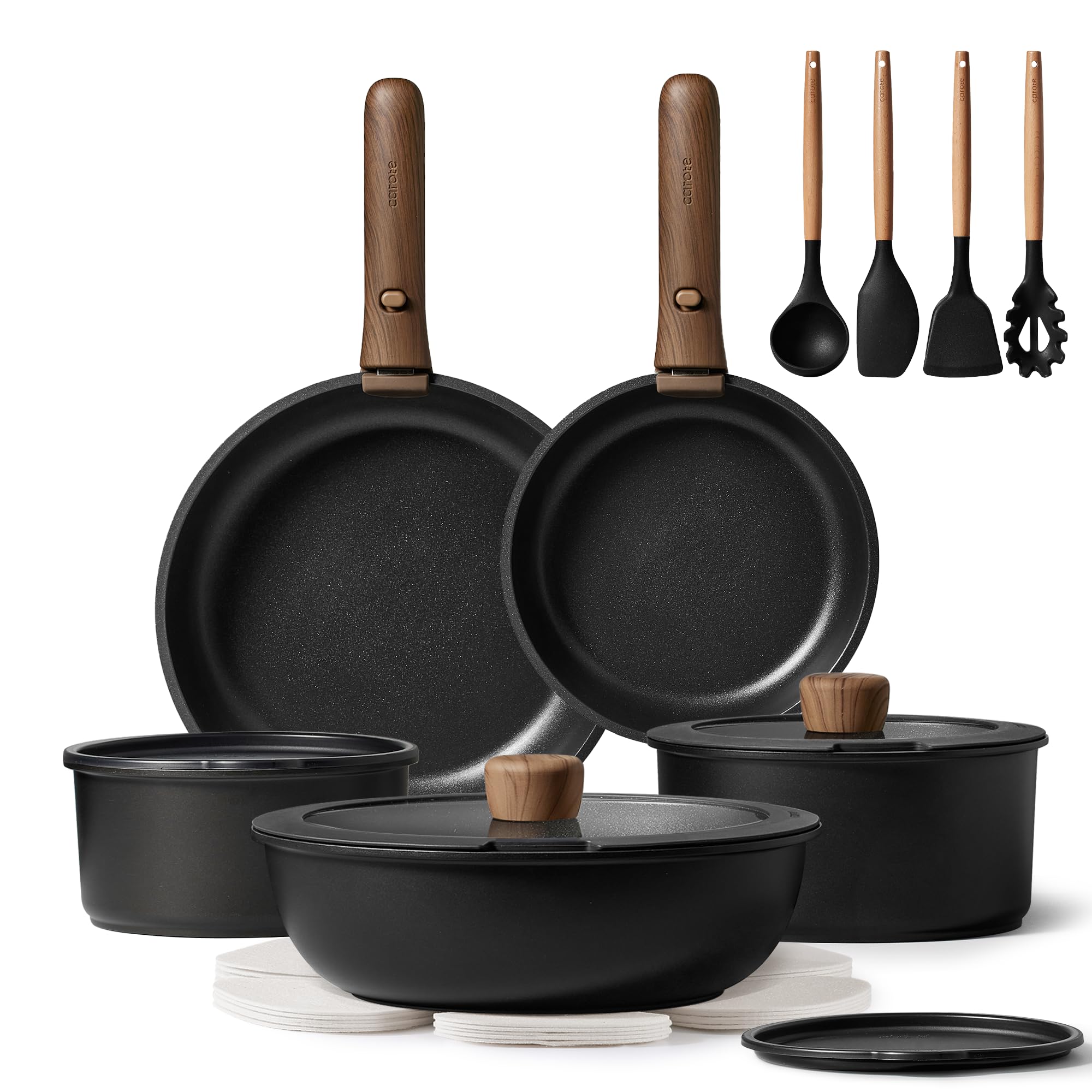 Conjunto CAROTE con mango desmontable para optimizar el almacenamiento en la cocina.