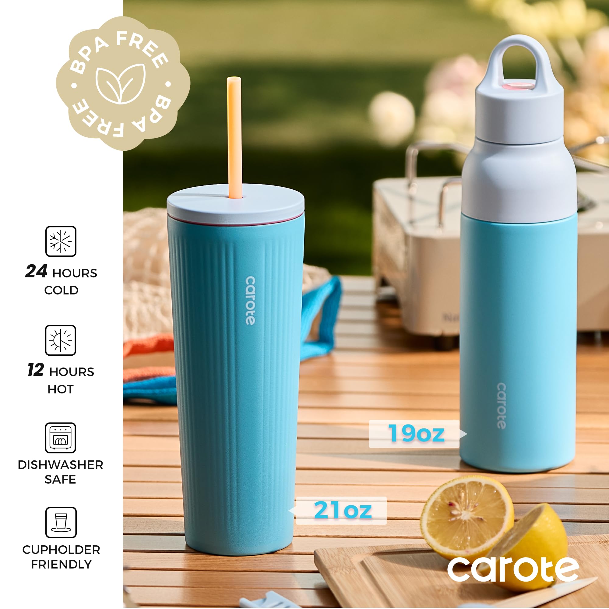 Vaso termo CAROTE 21oz con tapa y pajita, perfecto para bebidas frías en movimiento.