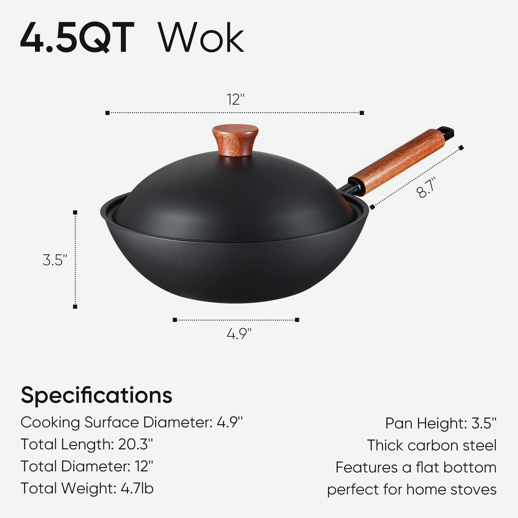CAROTE wok carbono 12 pulgadas, mango Sapele ergonómico para un agarre cómodo