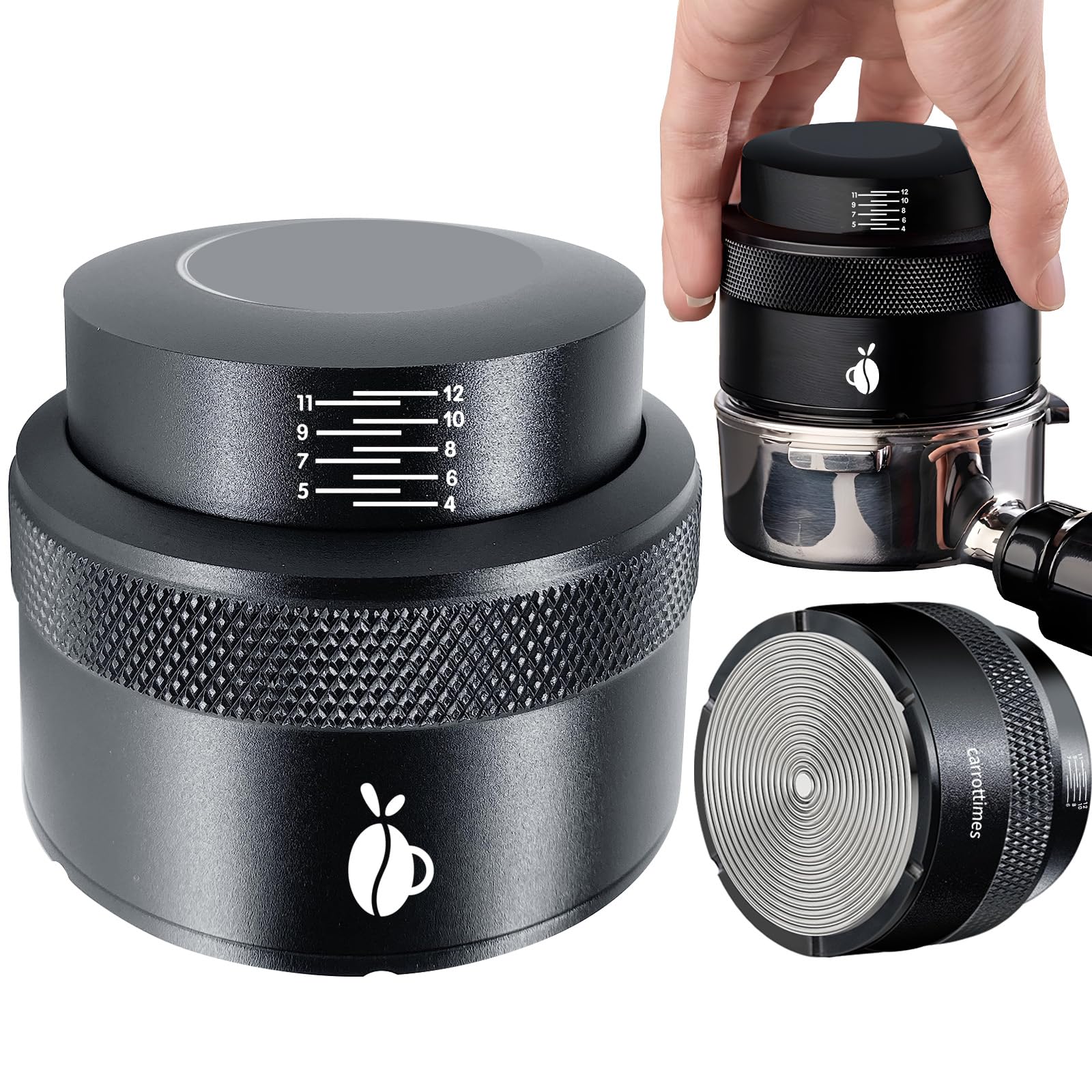 carrottimes prensador espresso 58mm, frente, mejora extracción más uniforme.