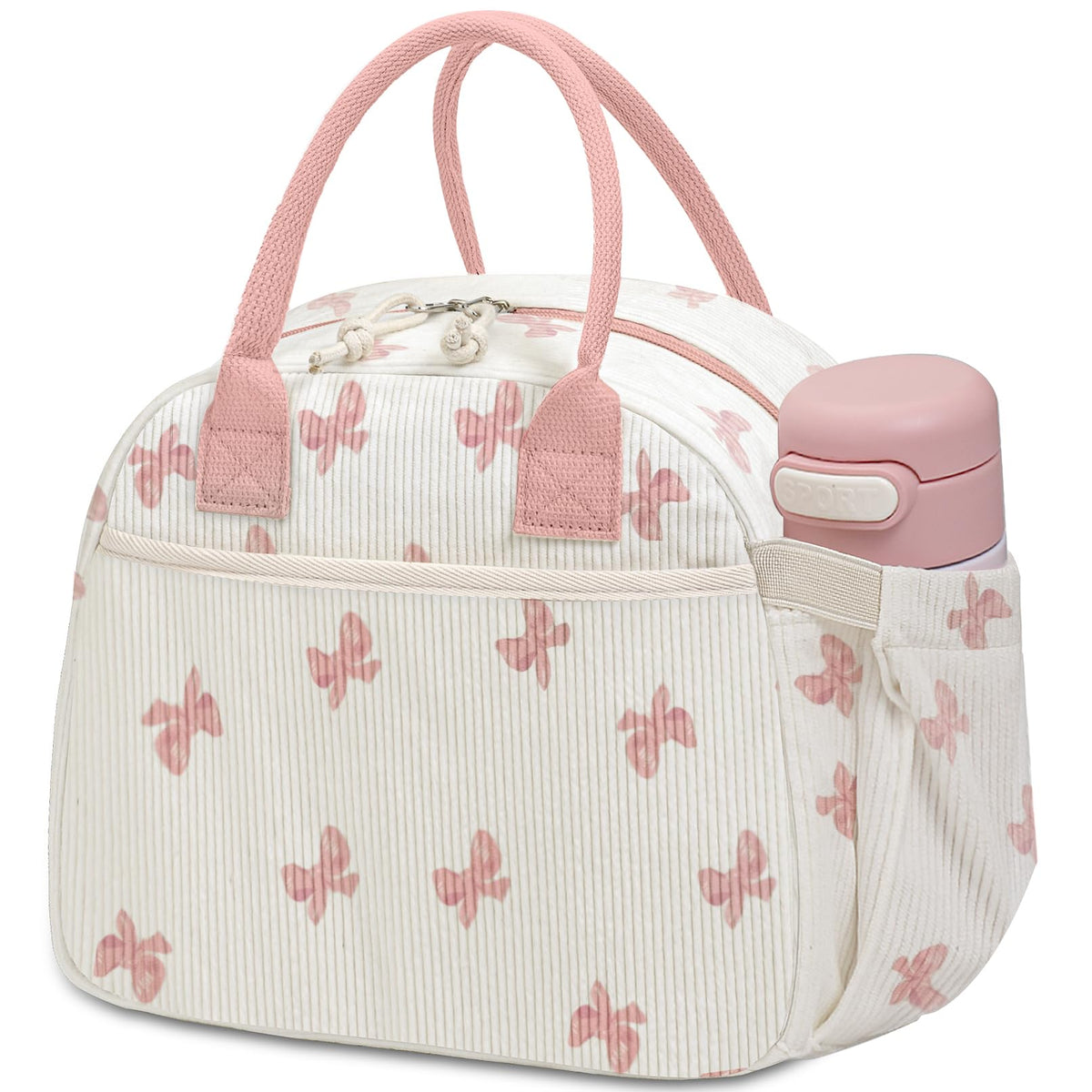 Carry Bloom lonchera corduroy rosado con lazo, diseño elegante para transportar comida