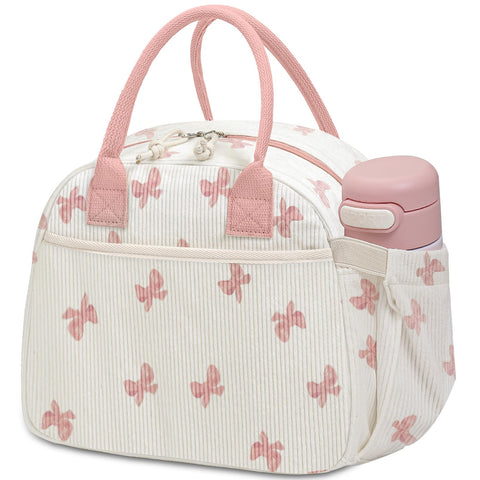 Carry Bloom lonchera corduroy rosado con lazo, diseño elegante para transportar comida
