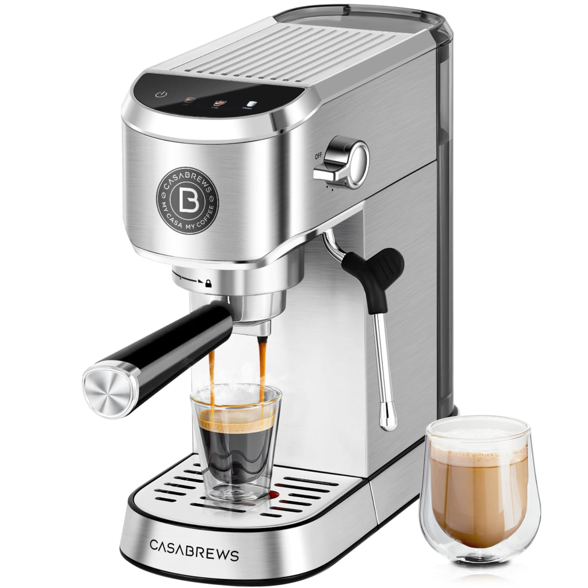 Casabrews CM5418J vista frontal, máquina espresso para uso diario y limpieza fácil.