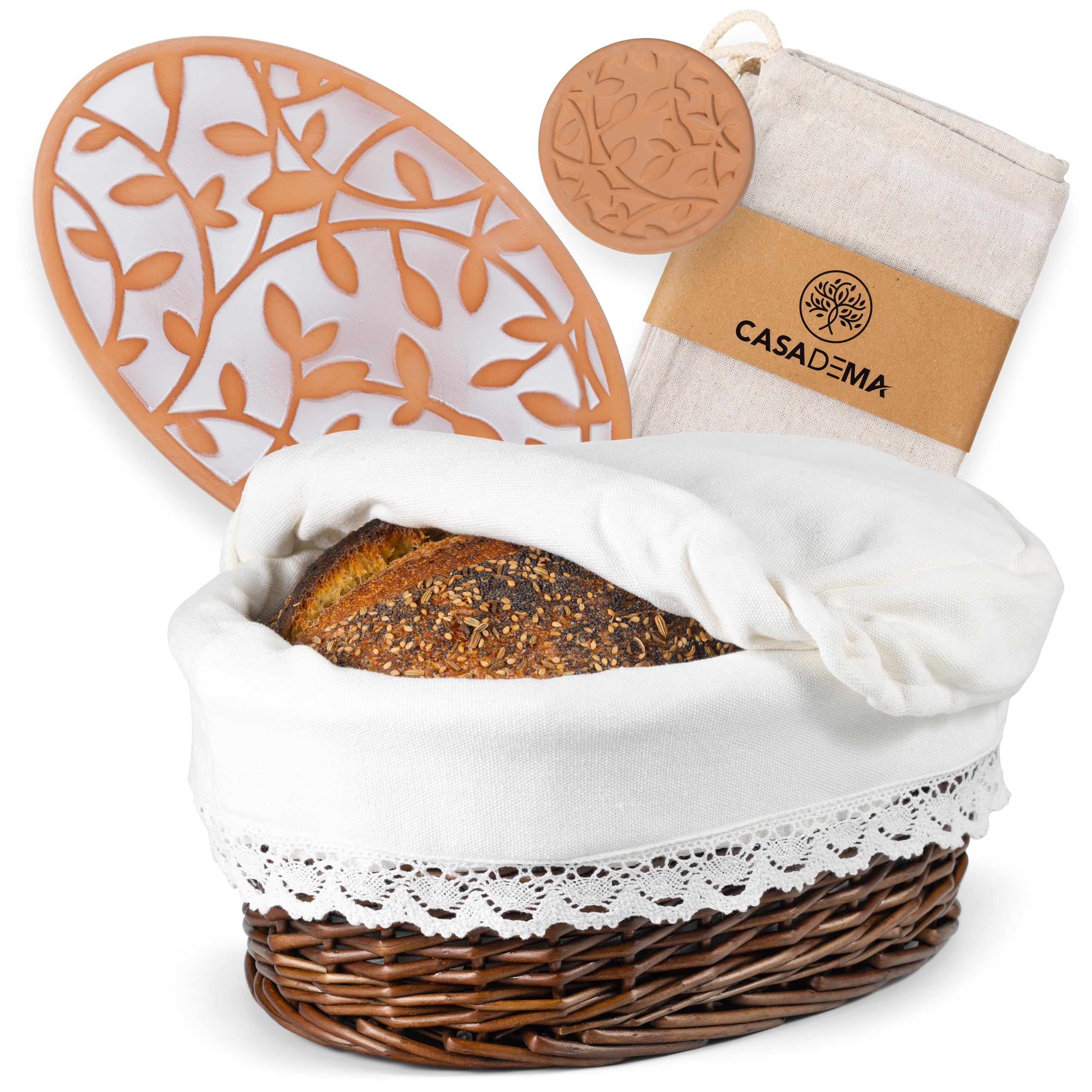 Casadema cesta-pan ovalada con forro y tapa, ideal para servir pan.