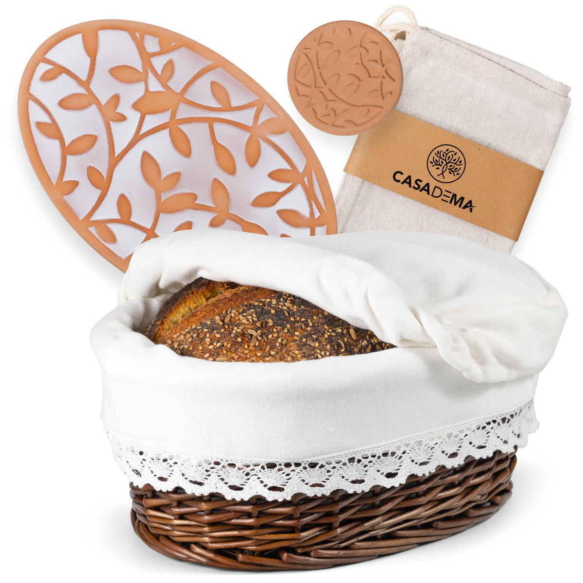 Casadema cesta-pan ovalada con forro y tapa, ideal para servir pan.