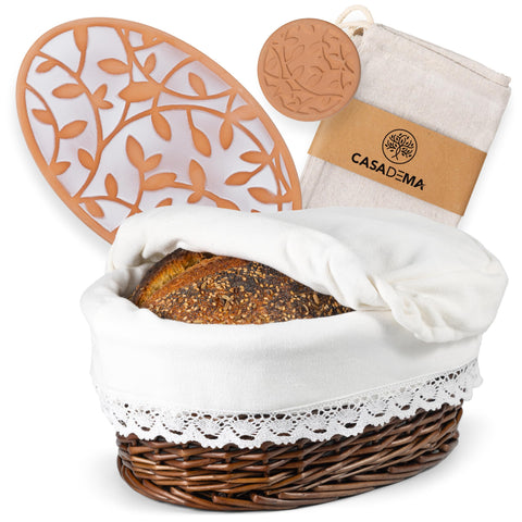 Casadema cesta-pan ovalada con forro y tapa, ideal para servir pan.