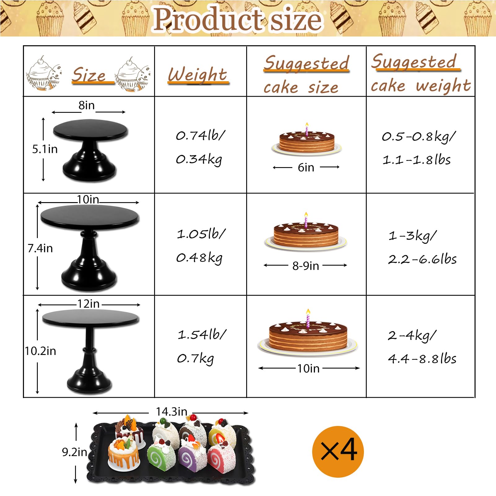 Cashger Expositor tartas 10 pulgadas negro, ideal para pasteles y cupcakes.