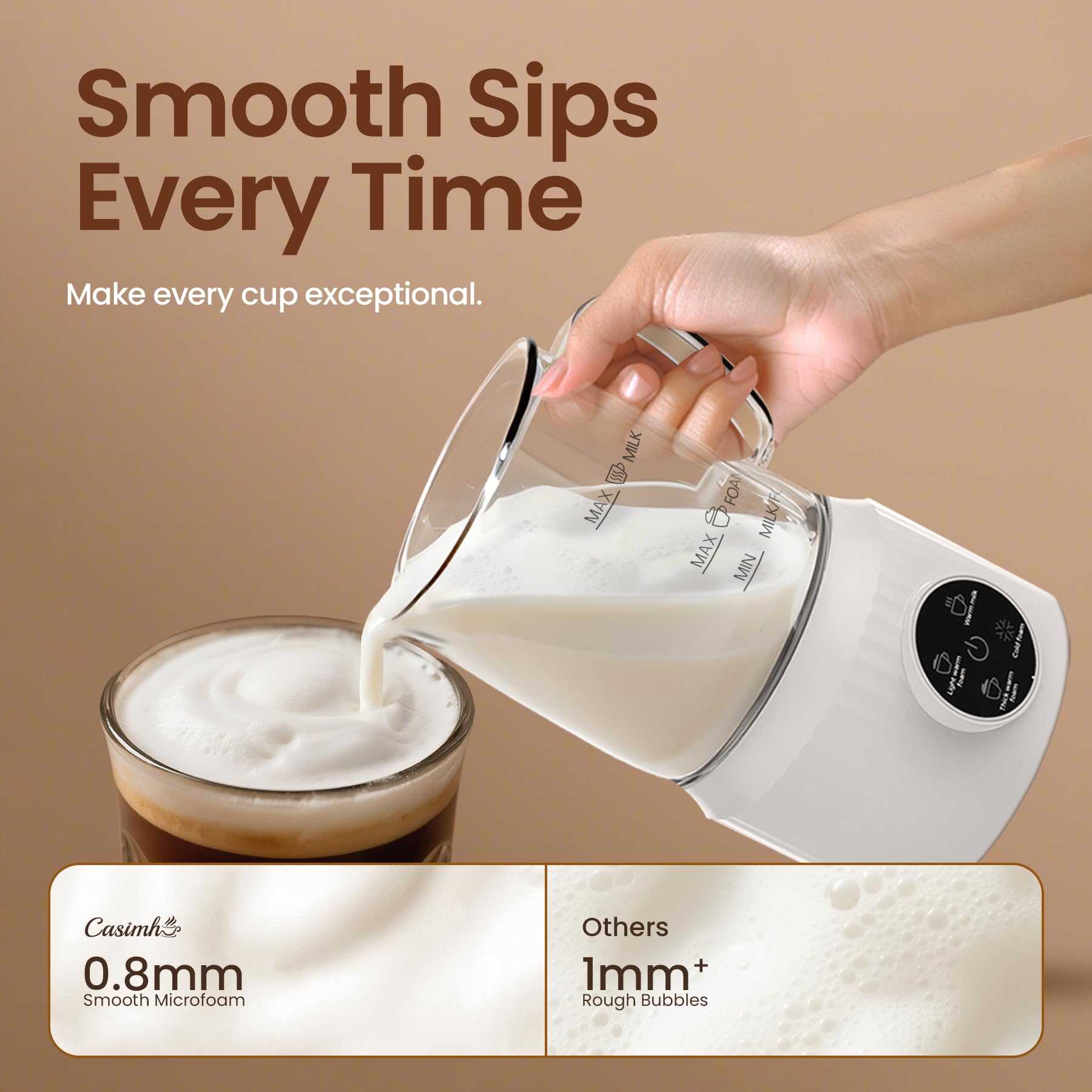 Casimhu espumador con capacidad de 400 ml para leche caliente o fría.
