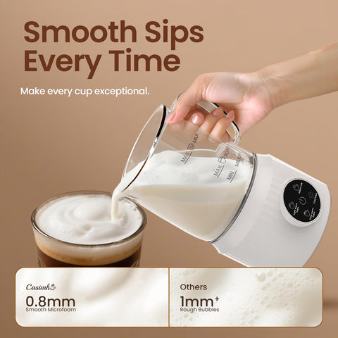 Casimhu espumador con capacidad de 400 ml para leche caliente o fría.