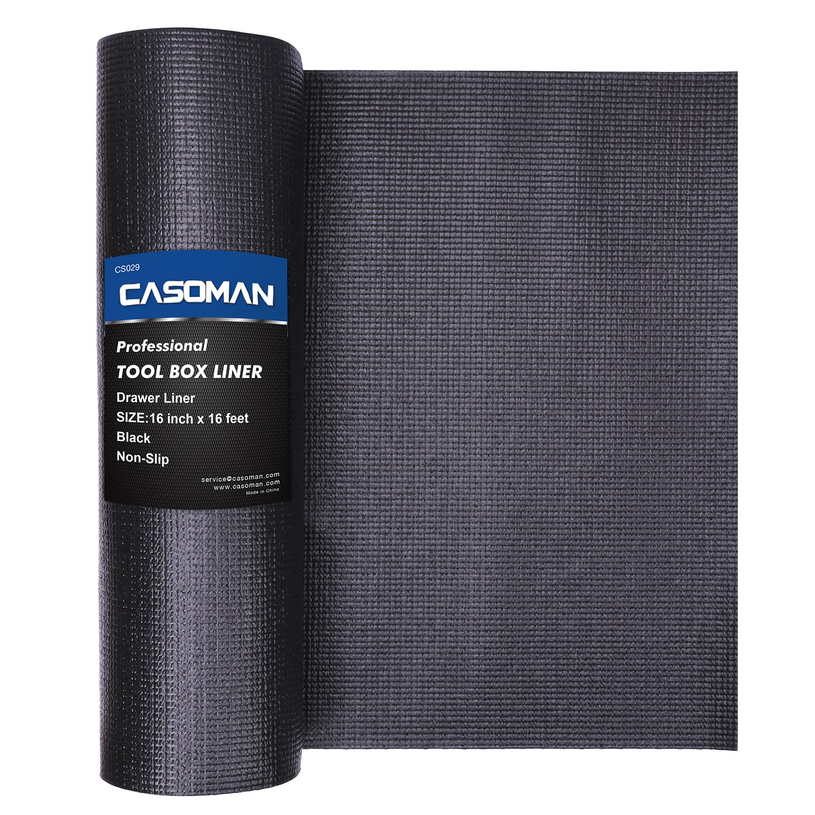 Casoman liner para caja de herramientas, desenrollando, protege superficies al organizar.