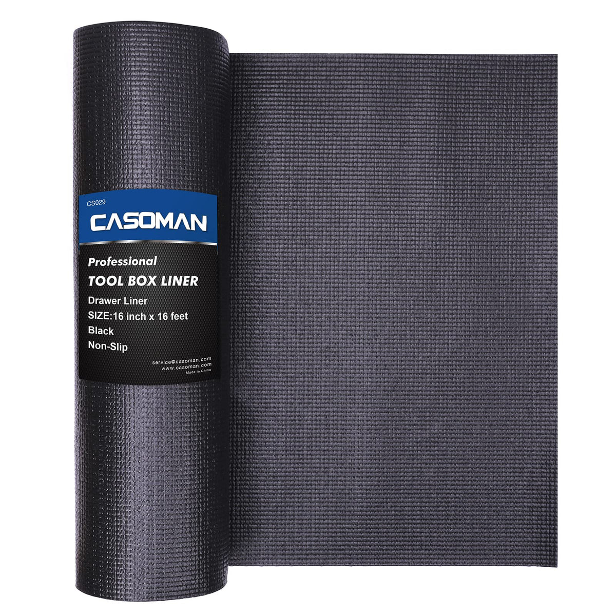 Casoman liner para caja de herramientas, desenrollando, protege superficies al organizar.