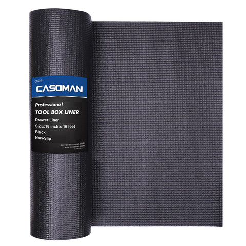 Casoman liner para caja de herramientas, desenrollando, protege superficies al organizar.