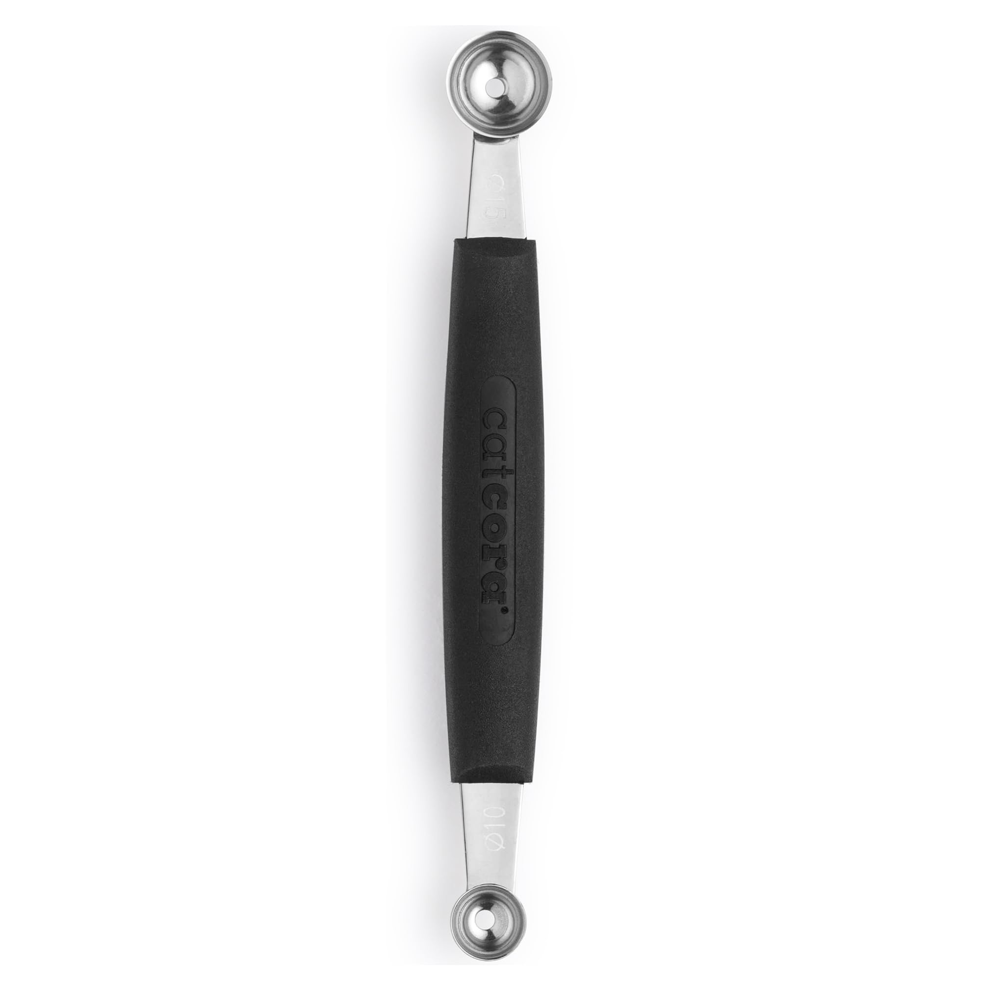Cat Cora Melon Baller con cuchillas duales para bolas uniformes de 10 y 15 mm.