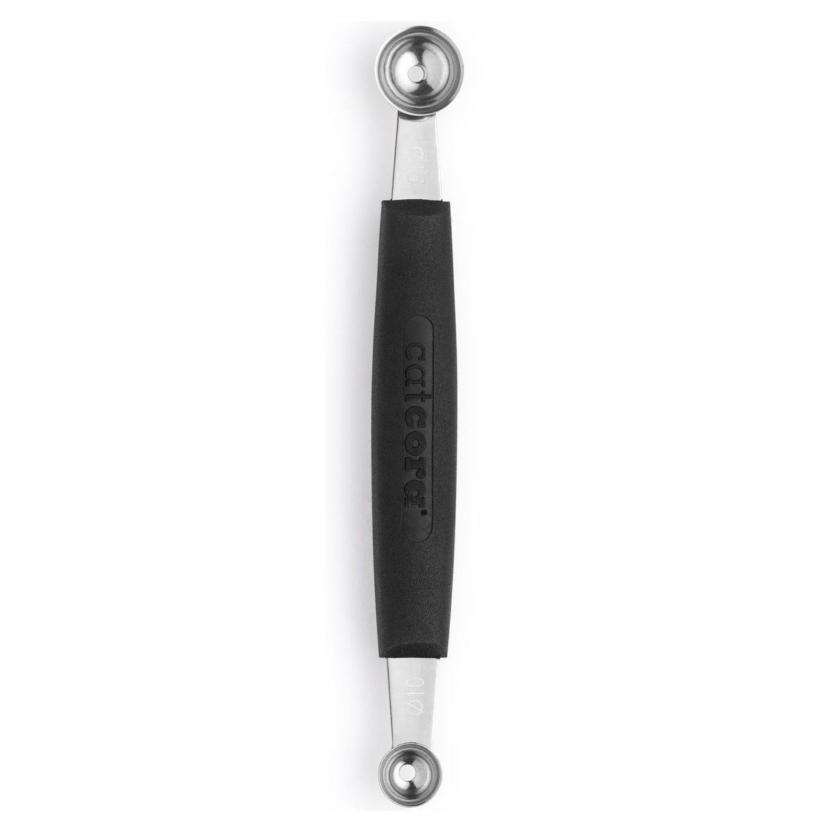 Cat Cora Melon Baller con cuchillas duales para bolas uniformes de 10 y 15 mm.