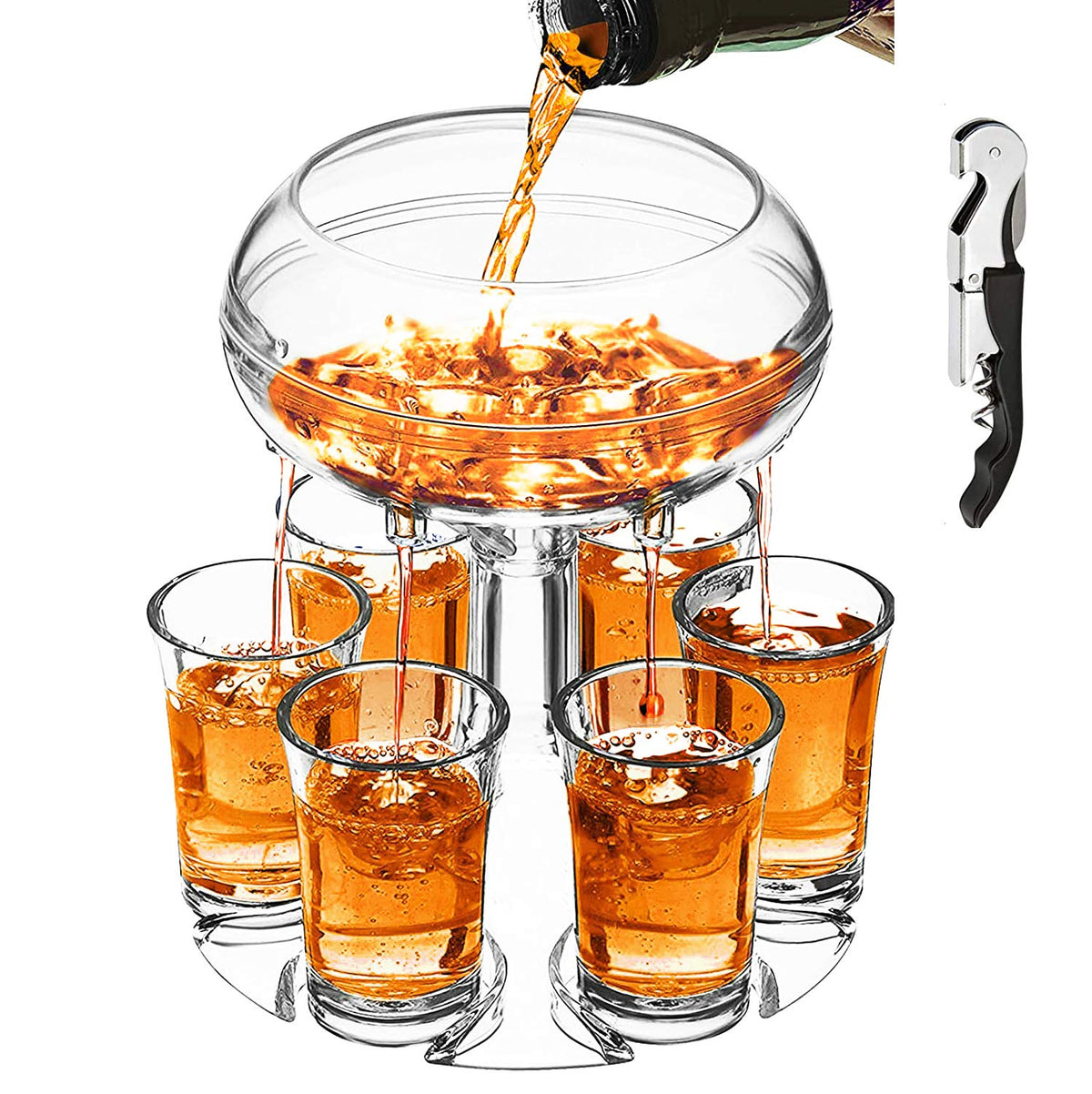 Catadog dispensador de chupitos con seis vasos claros para fiestas.