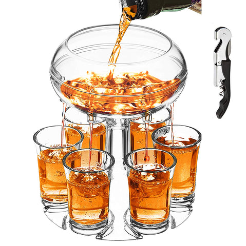 Catadog dispensador de chupitos con seis vasos claros para fiestas.