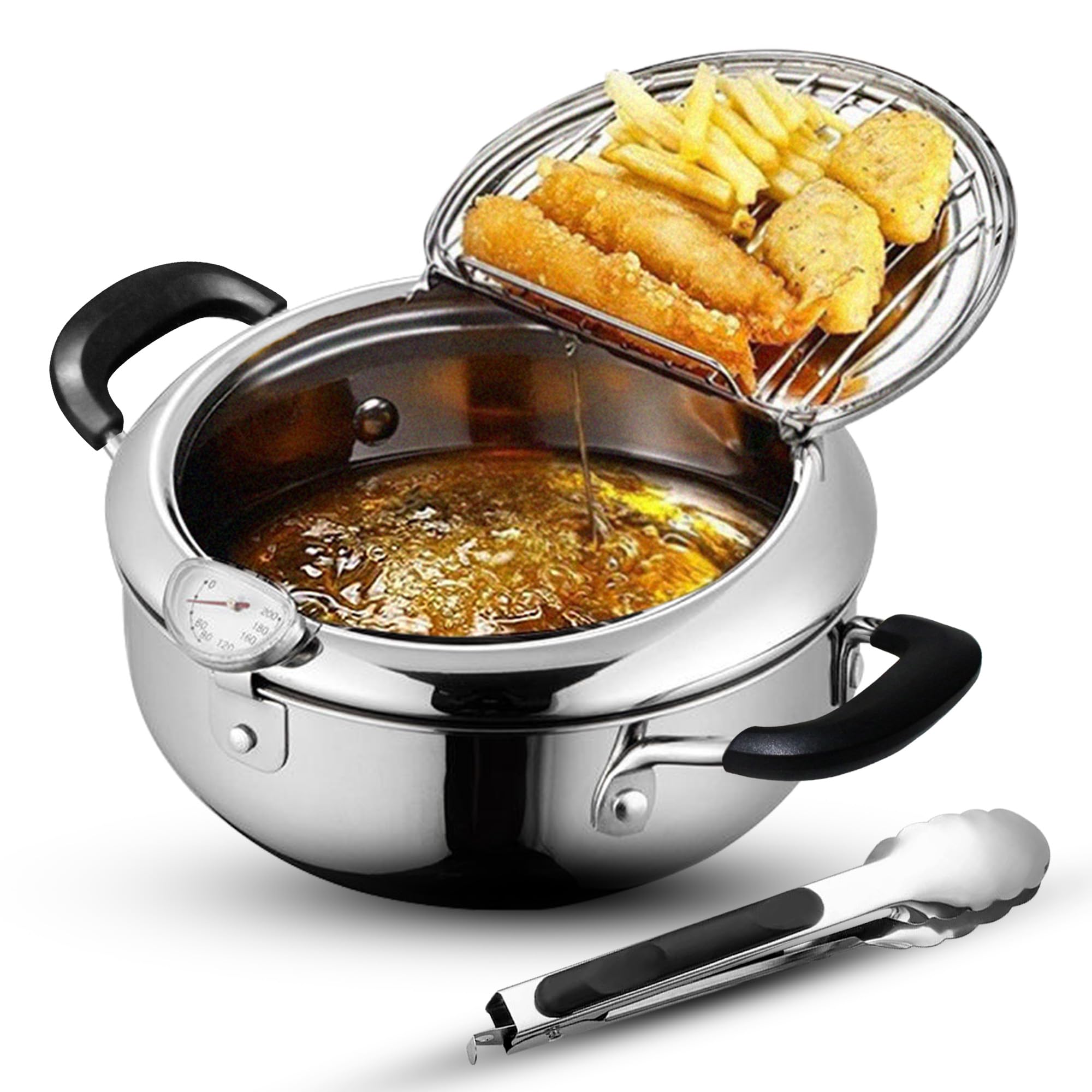 Olla para tempura Cawayo de acero 304, 9,4 pulgadas, ideal para fritos crujientes