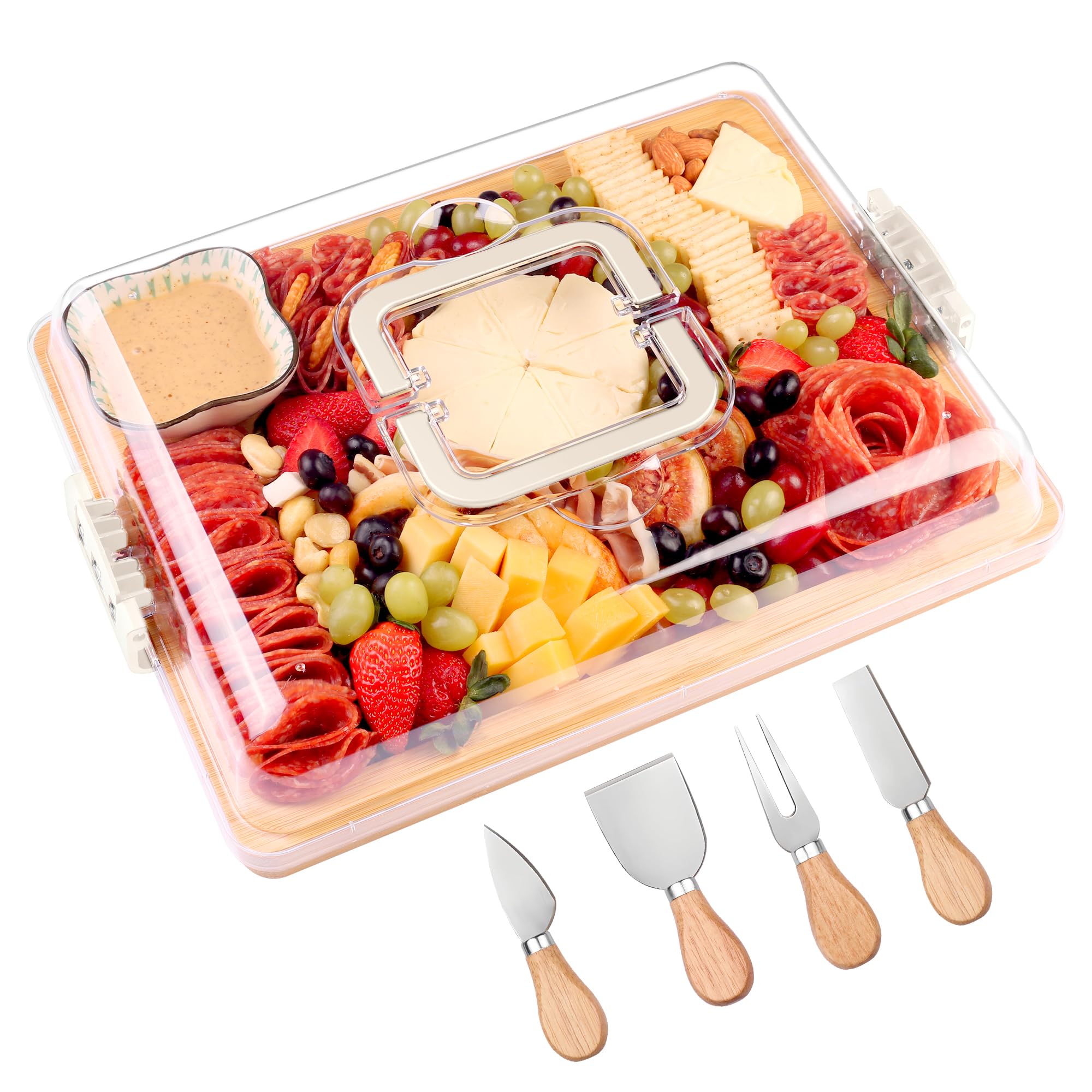 Bandeja CAWIU con tapa blanca para transportar quesos y aperitivos de forma segura.